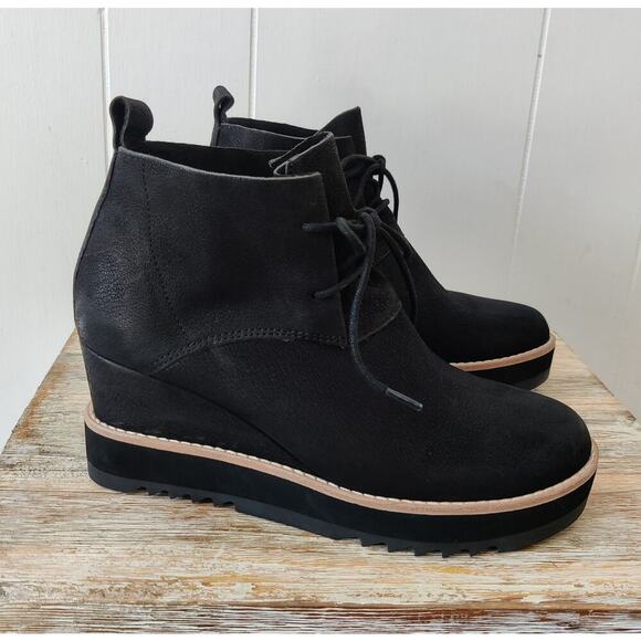 NWOT EILEEN FISHER Capa Wedge Boots Booties Sz 6 M Black Nubuck Leather Lace Up - Picture 1 of 8